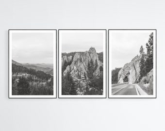 Needles Black Hills South Dakota Set of 3 Nature Gallery Wall Art, Black and White Landscape Photography Prints