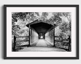 Black and White Covered Bridge Wall Art, Nature Photography Photo Prints
