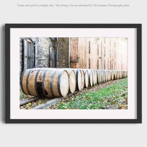 Bourbon Barrels Photography, Woodford Reserve Distillery Kentucky Travel Whiskey Photo Bar Decor Beige Gray Green Wall Art Print