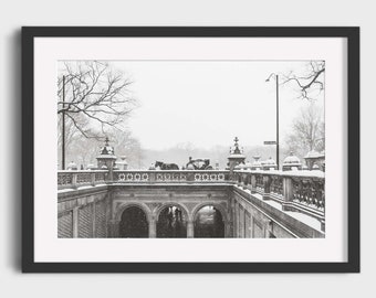 New York City Photography, Black and White Horse Carriage Central Park NYC Manhattan Winter Snow Wanderlust Wall Art Photo Print