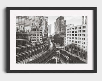 Chicago Photography Print, Black and White Urban Wall Art of El Train Brown Line