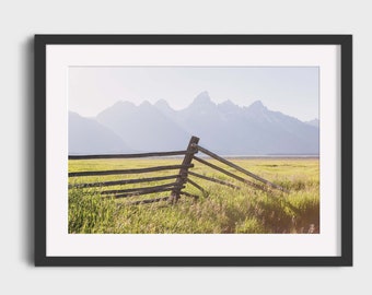 Mountain Landscape Photography, Grand Tetons with Tall Grass and Fence Farmhouse Western America Countryside Rural Photo Prints Wall Art