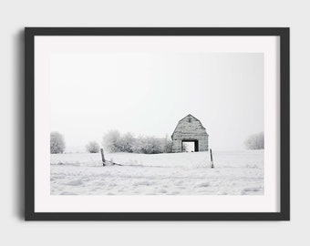 Barn Print Iowa Photography Winter Country Roads Landscape Photo Rural Rustic Farm Farmhouse Decor Art Monochromatic White Wall Art