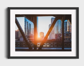 Chicago Photography, Wells Street Bridge Chicago River Sunset Architectural Cityscape Urban Travel Print Wanderlust Color Wall Art