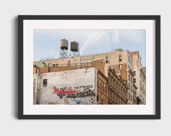 New York Photography, NYC Architecture Soho Water Towers Pastel Beige Urban Landscapes Graffiti Wall Art Photo Prints, Love is Soho