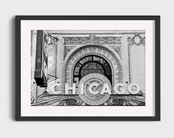 Chicago Theater Sign Photography Print, Black and White Wall Art