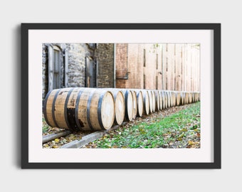 Bourbon Barrels Photography, Woodford Reserve Distillery Kentucky Travel Whiskey Photo Bar Decor Beige Gray Green Wall Art Print