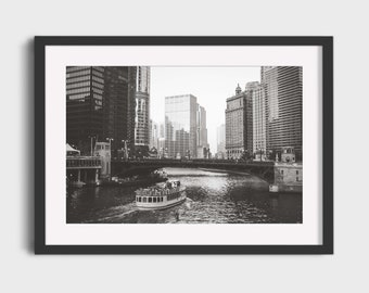 Black and White Chicago River Photography Print, Urban Cityscape Photo Wall Art