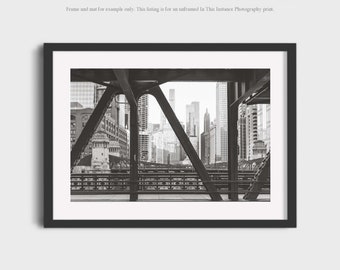 Chicago Photography Print, Black and White Chicago River Bridge Cityscape, Architectural Urban Wall Art