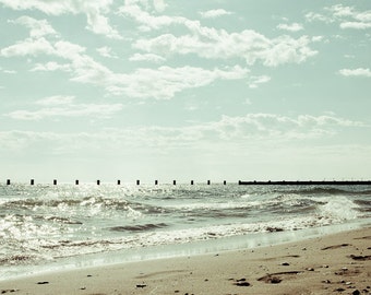 Lake Photography, Beach Lake Michigan Chicago Blue Nature Photo Print Wall Art, Lake Shore Morning