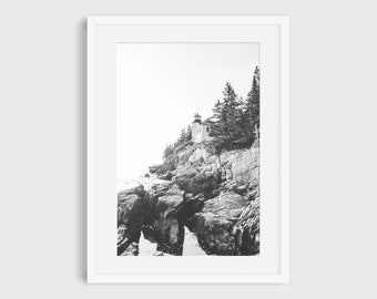 Maine Lighthouse Photography Print, Black and White Acadia National Park Coastal Wall Art