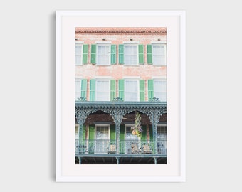 Savannah Green Shutters Photography Print: Architectural Balcony Wall Art
