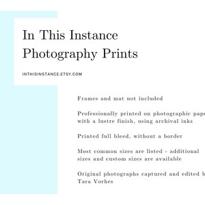 May include: Text overlay on a light blue background. The text reads "In This Instance Photography Prints" and "INTHISINSTANCE.ETSY.COM". Below the text, there is a list of details about the prints, including that frames and mats are not included, the prints are professionally printed on photographic paper with a lustre finish using archival inks, and that the prints are printed full bleed without a border. The text also states that most common sizes are listed, but additional sizes and custom sizes are available. The text concludes with "Original photographs captured and edited by Tara Vorhes."