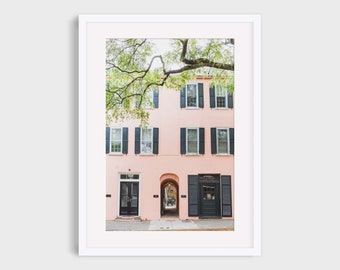Charleston Photography, Pink Row Houses Architecture Wall Art, South Carolina Urban Landscape Travel Photo Print