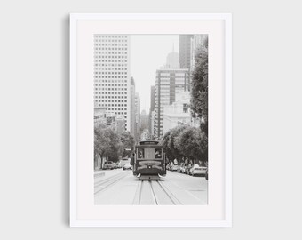 San Francisco Photography, Black and White Cable Car Trolley on San Francisco Hills Photo Prints Wall Art, Iconic California Decor