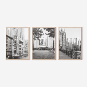 May include: Set of three framed black and white photographs featuring iconic Chicago landmarks. The images include the Chicago Theatre marquee, the Cloud Gate sculpture, and a cityscape with a bridge.