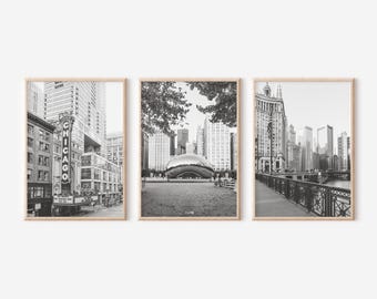 Chicago Set of 3 Black and White Photography Prints, Urban Landmarks Gallery Wall Art