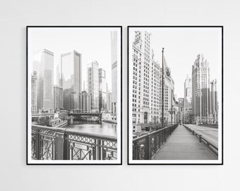 Black and White Chicago Photography Wall Art, Chicago River Bridge Set of 2 Photo Prints