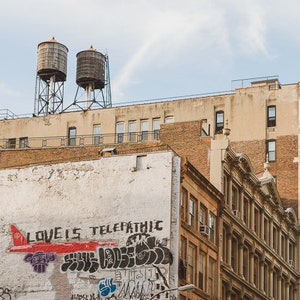 New York Photography, NYC Architecture Soho Water Towers Pastel Beige Urban Landscapes Graffiti Wall Art Photo Prints, Love is Soho image 2