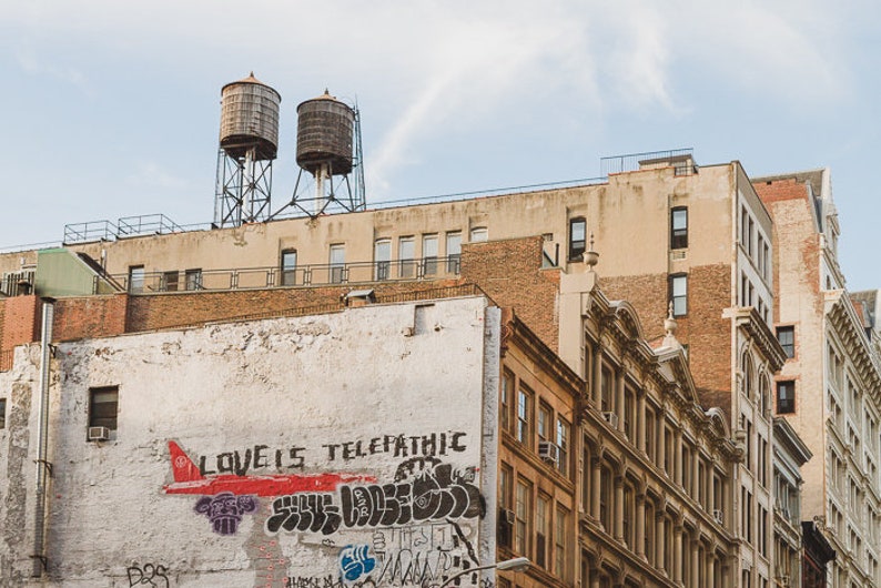 New York Photography, NYC Architecture Soho Water Towers Pastel Beige Urban Landscapes Graffiti Wall Art Photo Prints, Love is Soho image 2