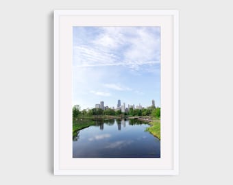 Chicago Photography Print, Lincoln Park Skyline View with John Hancock Landmark and Blue Sky Photo Wall Art