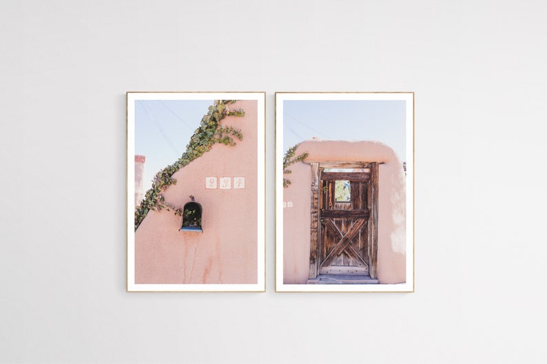 Santa Fe Set of 2 Architecture Photography, Southwest New Mexico Adobe Garden Gate Travel Photo Prints Wall Art Collection image 1