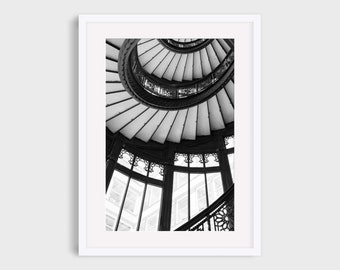 Chicago Photography, Black and White Rookery Staircase Abstract Architecture Photo Wall Art Prints, The Rookery Staircase With a View