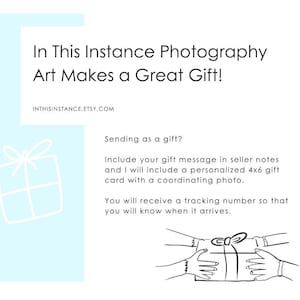 May include: A white outline of a gift box with a bow on top. Text reads "In This Instance Photography Art Makes a Great Gift!" and "INTHISINSTANCE.ETSY.COM". Below the text is a black and white illustration of two hands exchanging a gift box.