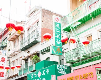 San Francisco Chinatown Photography, Colorful SF Chinese lanterns Red Pastel Buildings Prints Wall Art California Wanderlust Travel Urban