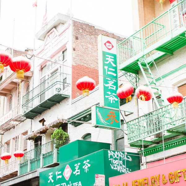 San Francisco Chinatown Photography, Colorful SF Chinese lanterns Red Pastel Buildings Prints Wall Art California Wanderlust Travel Urban