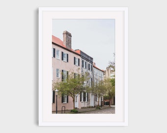 Charleston Photography, Pastel Row-house Architecture Cobblestone Street Wall Art, South Carolina Urban Landscape Travel Photo Print