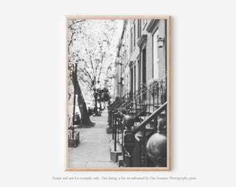 New York City Black and White Photography Print, West Village Brownstones Architecture Wall Art