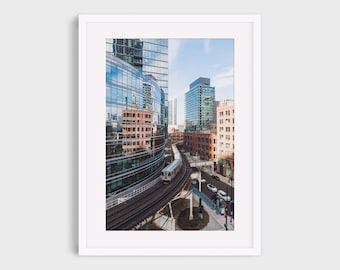 Chicago El Train Photography Print, Urban Downtown Cityscape Elevated Train Track Brown Line Wall Art
