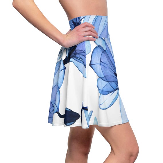 Blue Watercolor Floral Skater Skirt | High Waist Summer Dress
