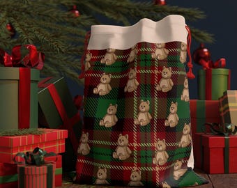 Bolsa de regalo navideña con diseño de osito de peluche a cuadros / Bolsa con cordón para las fiestas