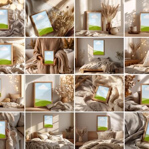 May include: A collection of framed landscape art prints featuring a blue sky with a single white cloud and green rolling hills. The frames are light brown and the prints are displayed in various settings with neutral tones and natural elements.