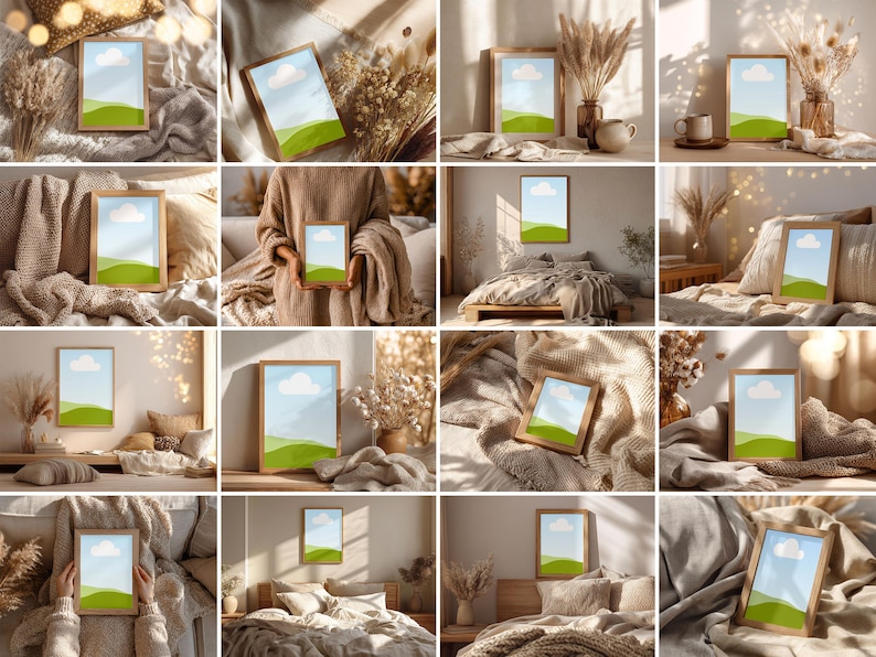 May include: A collection of framed landscape art prints featuring a blue sky with a single white cloud and green rolling hills. The frames are light brown and the prints are displayed in various settings with neutral tones and natural elements.