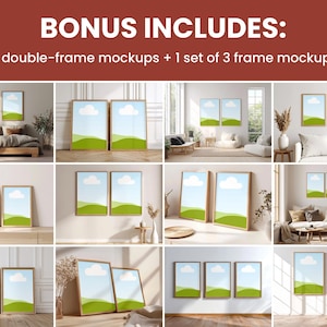 May include: A collection of framed art mockups, showcasing various interior settings. The image includes 11 double-frame mockups and a set of 3 frame mockups. Each frame displays a landscape scene with a blue sky, white cloud, and green hills.