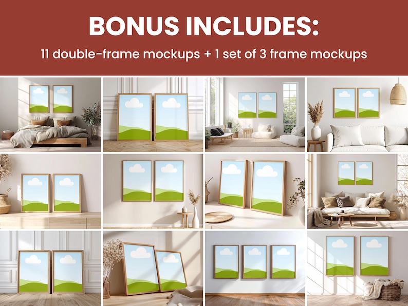 May include: A collection of framed art mockups, showcasing various interior settings. The image includes 11 double-frame mockups and a set of 3 frame mockups. Each frame displays a landscape scene with a blue sky, white cloud, and green hills.