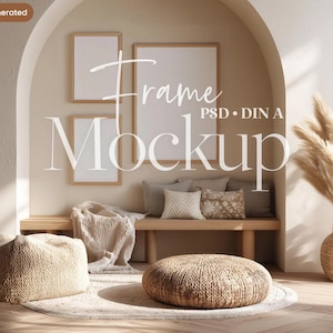 May include: A neutral-toned interior scene featuring three framed mockups, a bench with pillows and a blanket, a woven pouf, and a vase with dried pampas grass. The text "Frame Mockup PSD DIN A" is visible.