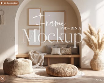 May include: A neutral-toned interior scene featuring three framed mockups, a bench with pillows and a blanket, a woven pouf, and a vase with dried pampas grass. The text "Frame Mockup PSD DIN A" is visible.