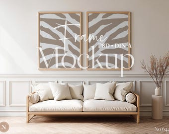 Conjunto de maquetas PSD de 2 marcos / Marcos de póster verticales dobles / Interior neutro con revestimiento de pared