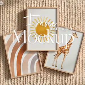 May include: Three vertical light wood frames containing art prints. The top frame displays a yellow sun, the bottom left frame shows brown and white arched lines, and the bottom right frame features a giraffe illustration. Text reads Frame PSD DIN A.