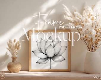 Maqueta PSD de marco cuadrado / Proporción 1:1 / Escena bohemia acogedora y neutra para exhibición de arte de pared