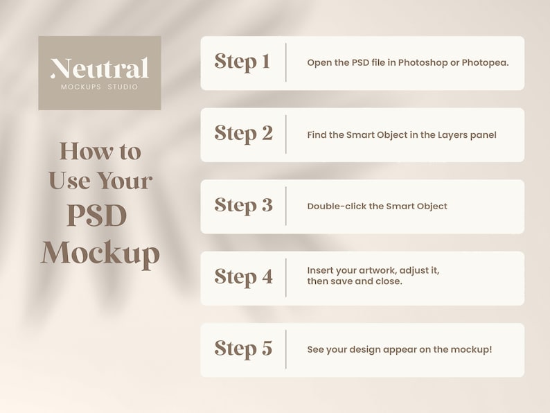 May include: An instructional graphic titled How to Use Your PSD Mockup from Neutral Mockups Studio. It lists five steps: open the PSD file in Photoshop or Photopea, find the Smart Object, double-click it, insert artwork, and view the final design.