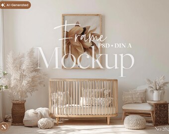 Könnte beinhalten: Ein Bilderrahmen aus Holz mit einem abstrakten braunen Blumenmotiv, platziert über einem ovalen Kinderbett aus hellem Holz. Der Text Frame PSD DIN A Mockup ist in Weiß darübergelegt. Die Szene umfasst einen geflochtenen Korb, Pampasgras und einen Stuhl.