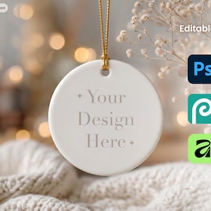 Christmas Ornament Mockup, Round Ceramic Ornament Template with Gold String, PSD, Holiday Decor, Christmas Gift, Digital Mockup