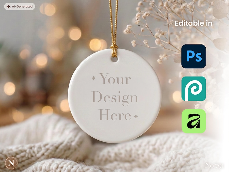 Christmas Ornament Mockup, Round Ceramic Ornament Template with Gold String, PSD, Holiday Decor, Christmas Gift, Digital Mockup