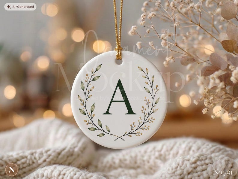 Christmas Ornament Mockup, Round Ceramic Ornament Template with Gold String, PSD, Holiday Decor, Christmas Gift, Digital Mockup