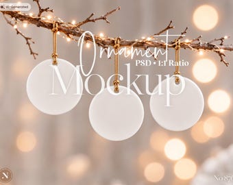 Christmas Ornament Mockup, 3 Round Ceramic Digital Template, Holiday Decor, Xmas Gift Display, Photoshop PSD for Seasonal Designs